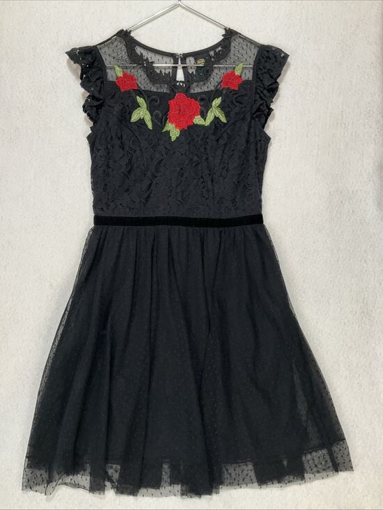 Disney Dresses & Skirts - Disney Snow White Black Lace Rose Applique Dress M Goth Fairy Costume Wednesday